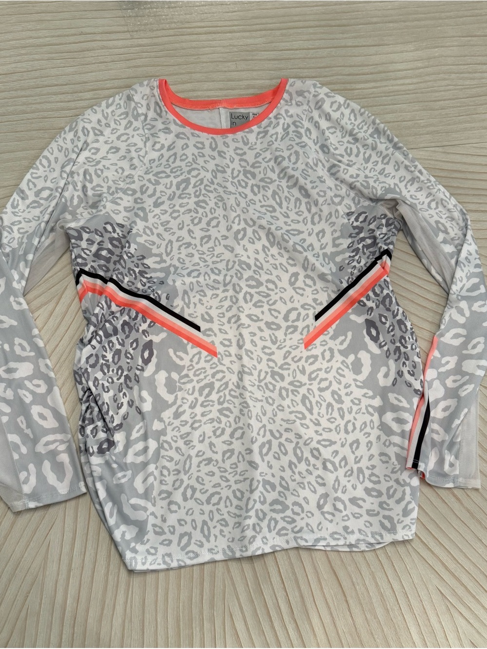 Lucky in Love White & Gray Leopard Print Long Sleeve Tee with Neon Coral Accents
